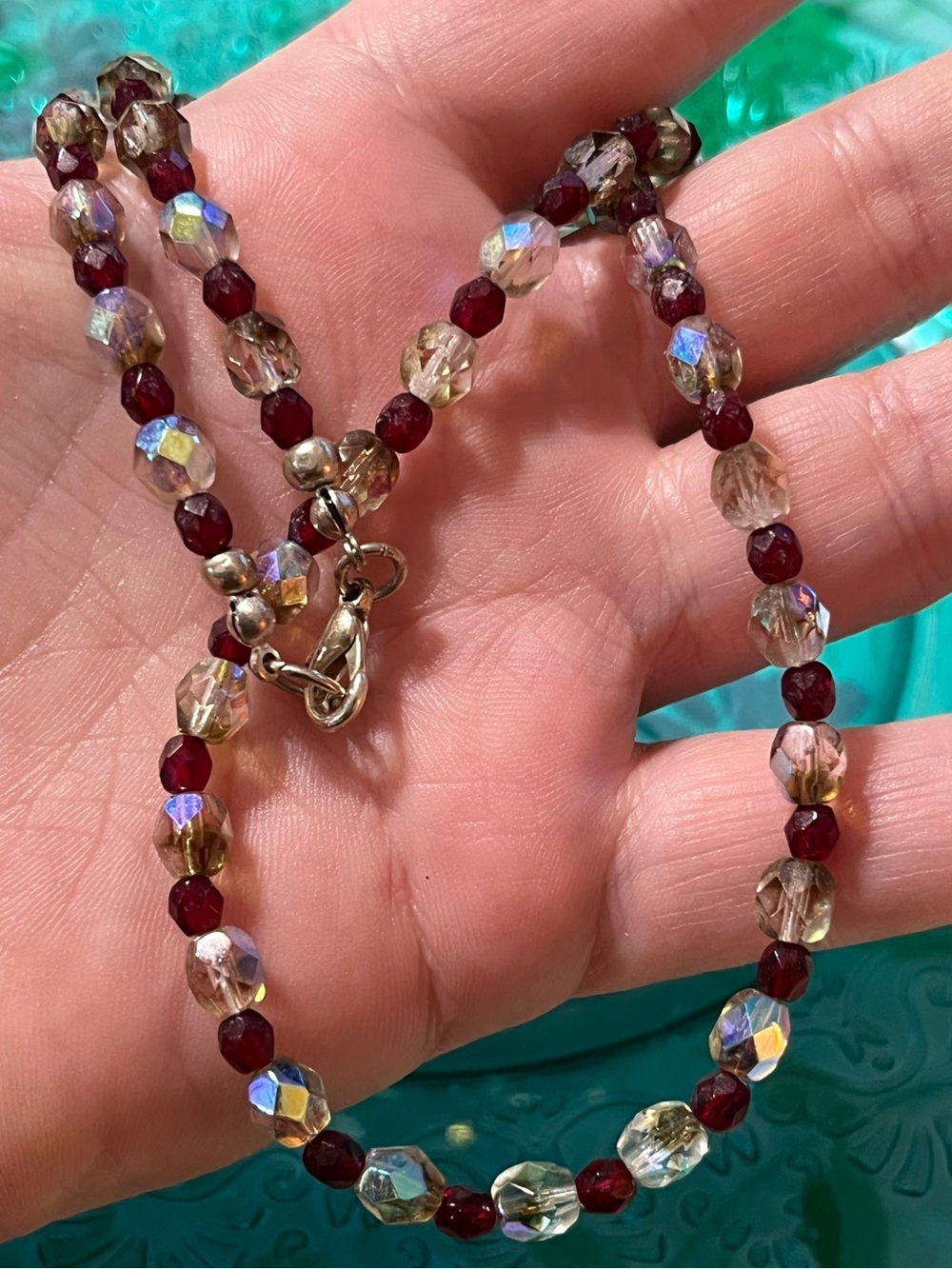 Vintage Red and Clear Crystal Beaded Silver Tone Metal Costume Jewelry Necklace